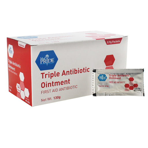 Box of Triple Antibiotic Ointment with a packet on a white background