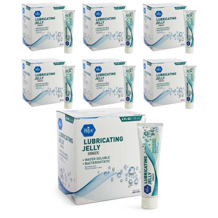 Multiple boxes and tubes of lubricating jelly on a white background