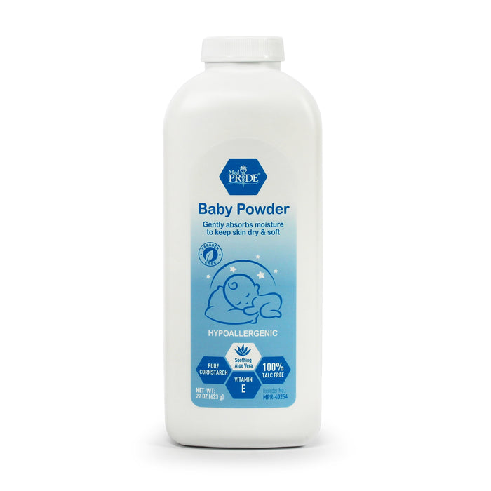 Baby powder bottle with blue label on a white background