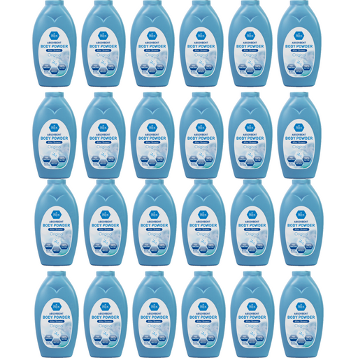 Multiple bottles of body powder with blue and white labels on a white background