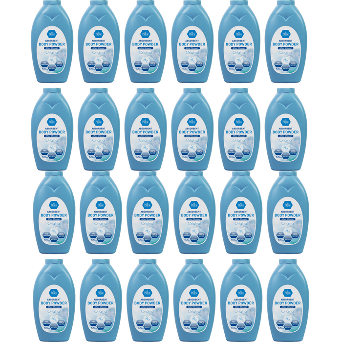 Multiple bottles of body powder with blue and white labels on a white background
