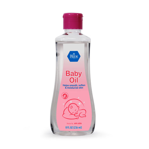 Baby oil bottle with pink cap and label on a white background