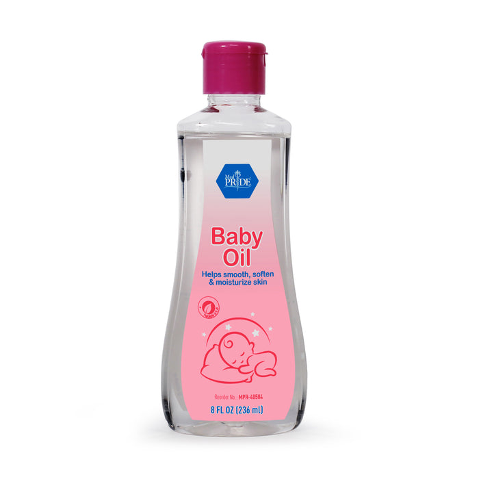 Baby oil bottle with pink cap and label on a white background