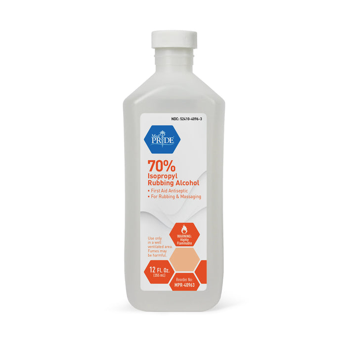 Bottle of 70% isopropyl rubbing alcohol with Pride label on a white background
