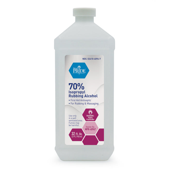 Bottle of 70% isopropyl rubbing alcohol with Pride label on a white background