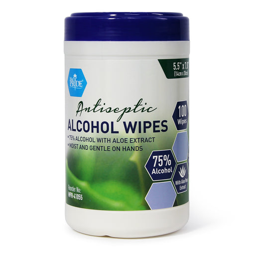 Antiseptic alcohol wipes container with blue lid on a white background