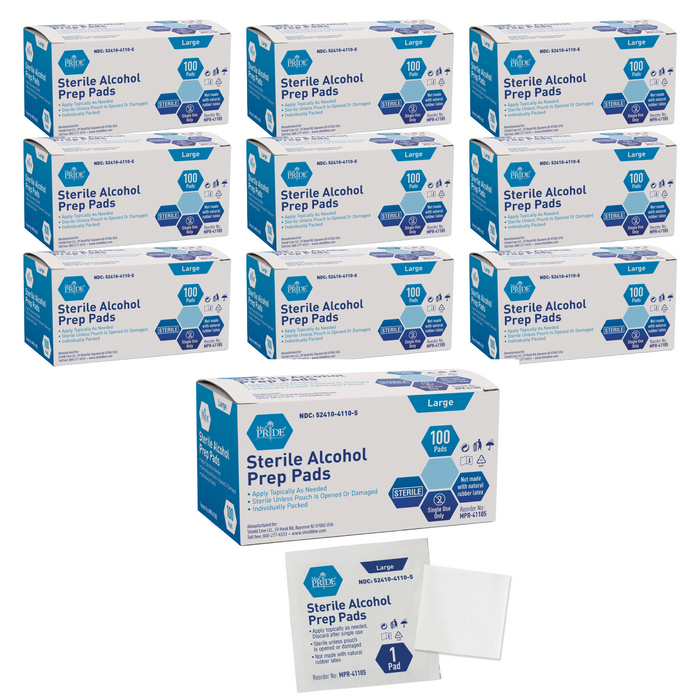 MedPride Sterile Alcohol Prep Pads – Large – Individually Wrapped – 10 Boxes of 100 Pads/Case (1,000 Total)