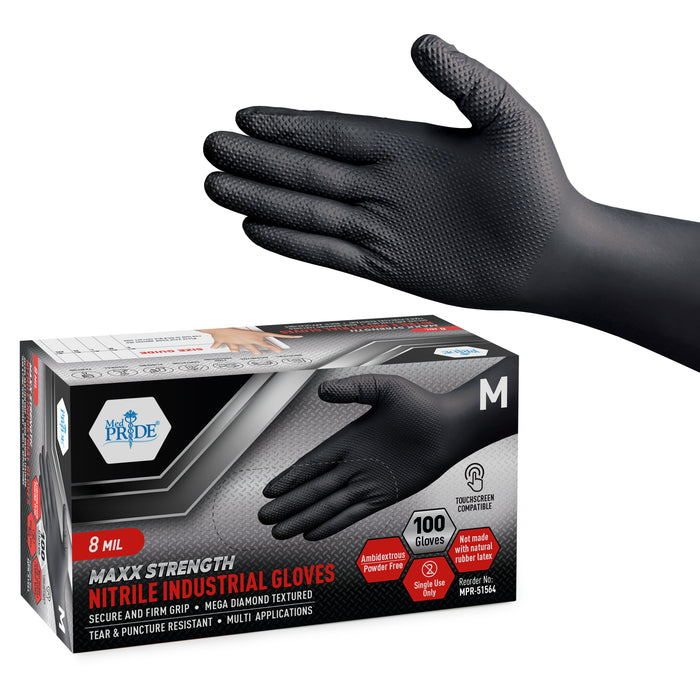 8 Mil Black Nitrile Gloves – Powder Free, Textured Grip (10 Boxes of 100, 1,000/Case)