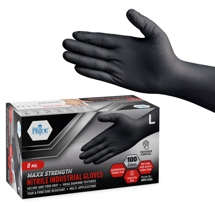 8 Mil Black Nitrile Gloves – Powder Free, Textured Grip (10 Boxes of 100, 1,000/Case)