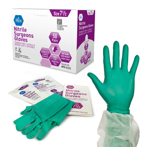 Green nitrile surgeons gloves with packaging on a white background