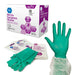 Green nitrile surgeons gloves with packaging on a white background