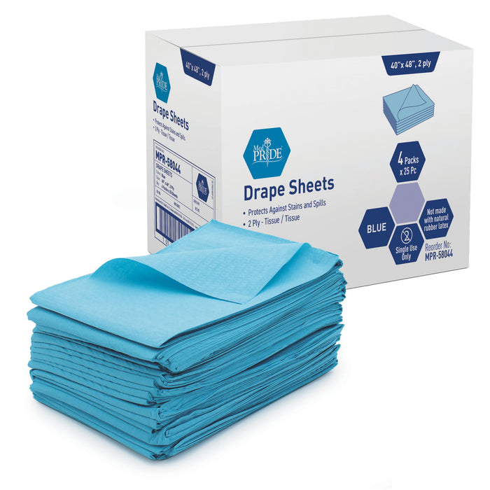 MedPride Drape Sheets – Blue, 40" x 60", 2-Ply, Tissue/Tissue (4 Packs of 25, 100/Case)
