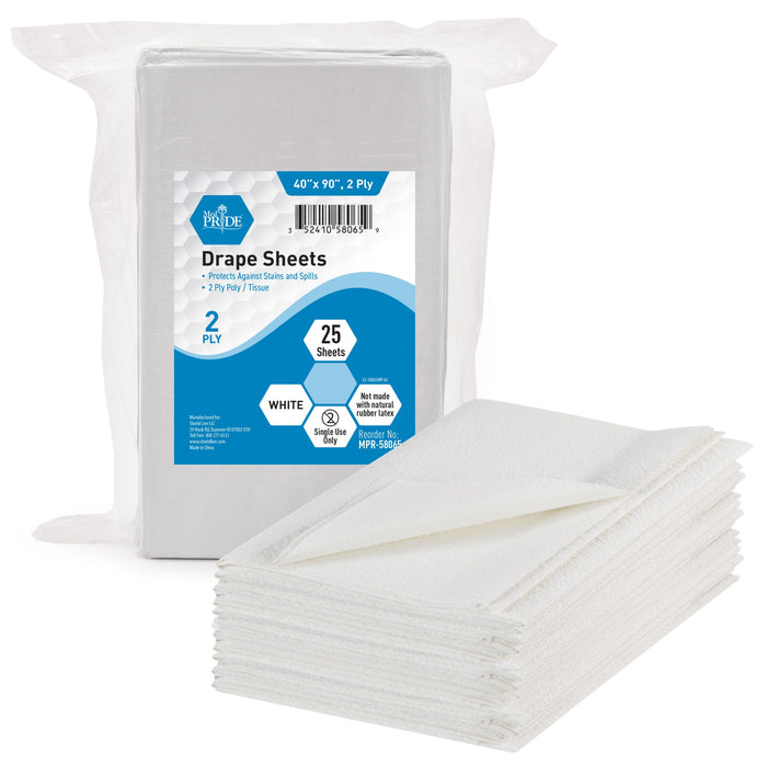 MedPride Drape Sheets – White – 40" x 90" – 2-Ply Tissue/Poly – Case of 50 Sheets