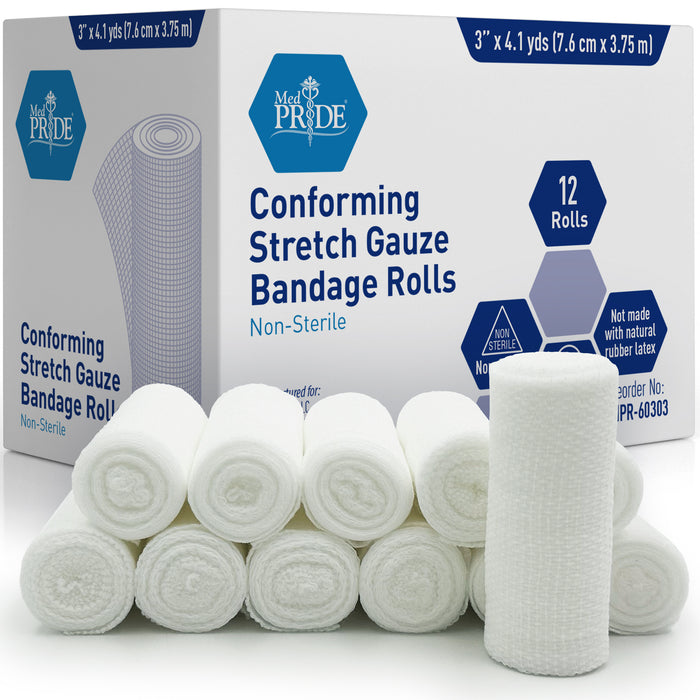 MedPride Stretch Gauze Bandage Roll – Non-Sterile, 3" Width (8 Packs of 12, 96 Rolls/Case)