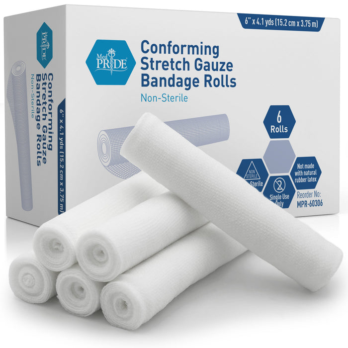 MedPride Stretch Gauze Bandage Roll – Non-Sterile, 6" Width (8 Packs of 6, 48 Rolls/Case)