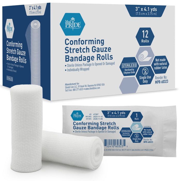 Med Pride Stretch Gauze Bandage Roll -  Sterile - 3" - 8 Per Box 12 Boxes (96 Count)