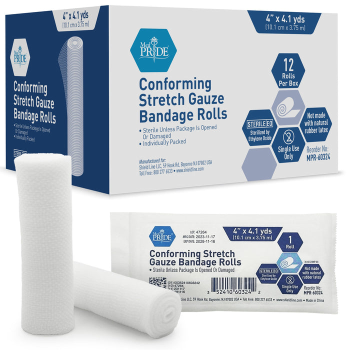 Med Pride Stretch Gauze Bandage Roll -  Sterile - 4" - 8 Boxes 12 to a Box (48 Count)