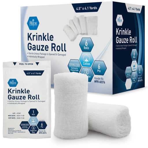 Krinkle Gauze Roll packaging with a roll of gauze in front on a white background
