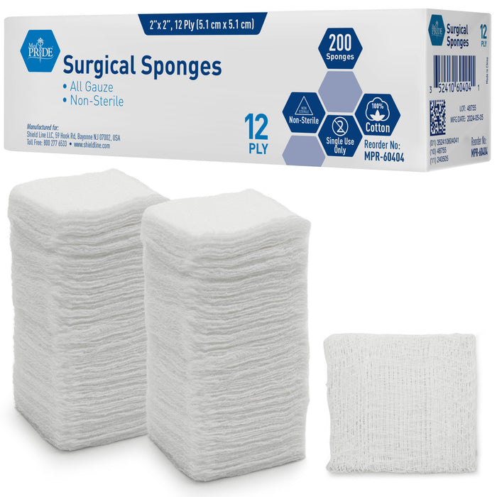 MedPride Gauze Sponges – Non-Sterile – 2" x 2" – 12 Ply – 40 Packs of 200 (8,000 Total)