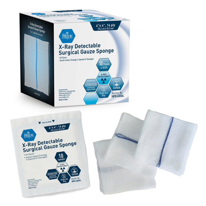 MedPride X-Ray Detectable Surgical Gauze Sponges – Sterile – 4” x 4” – 16-Ply – 100 Total (10 Packs of 10)