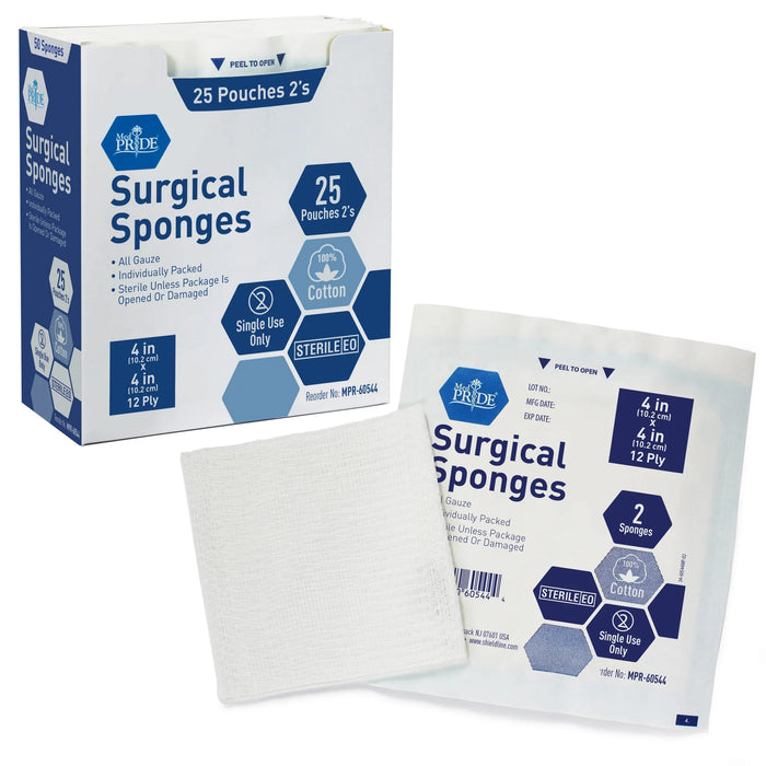 MedPride Gauze Sponges – Sterile – 4” x 4” – 12 Ply – 1,200 Total (24 Boxes of 25 Two-Packs)