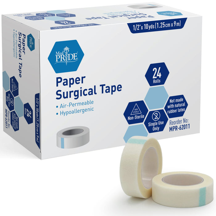 Box of MedPride paper surgical tape with two rolls in front