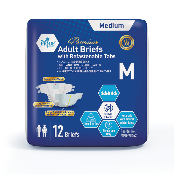 (96 Count) MedPride Adult Briefs with Refastenable Tabs, Medium, 8 Packs of 12