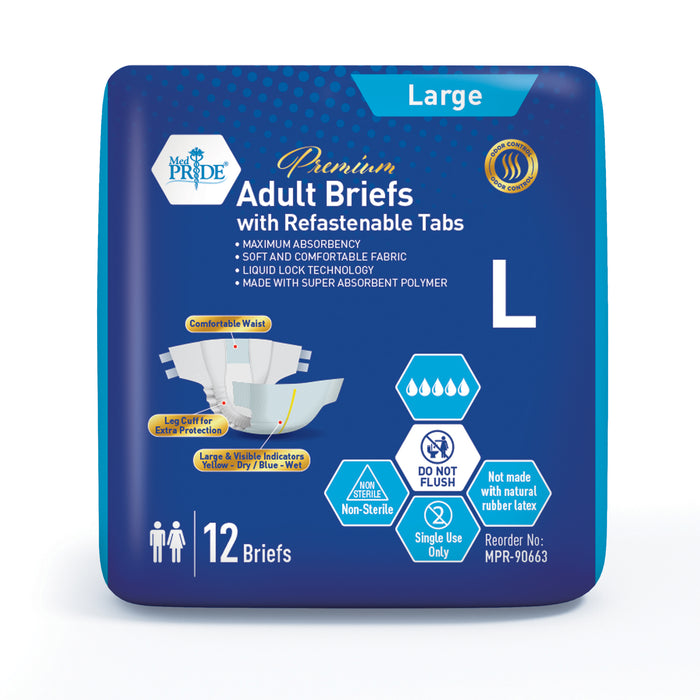 (72 Count) MedPride Adult Briefs with Refastenable Tabs, Large Size, 6 Packs of 12
