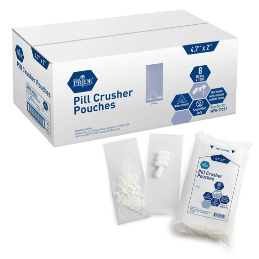 Box of Pill Crusher Pouches with individual pouches displayed on a white background