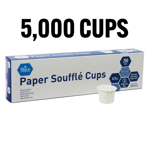 Box of paper souffle cups with a single cup displayed in front on a white background