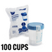 Specimen container with blue lid and packaging labeled '100 Cups' on a white background