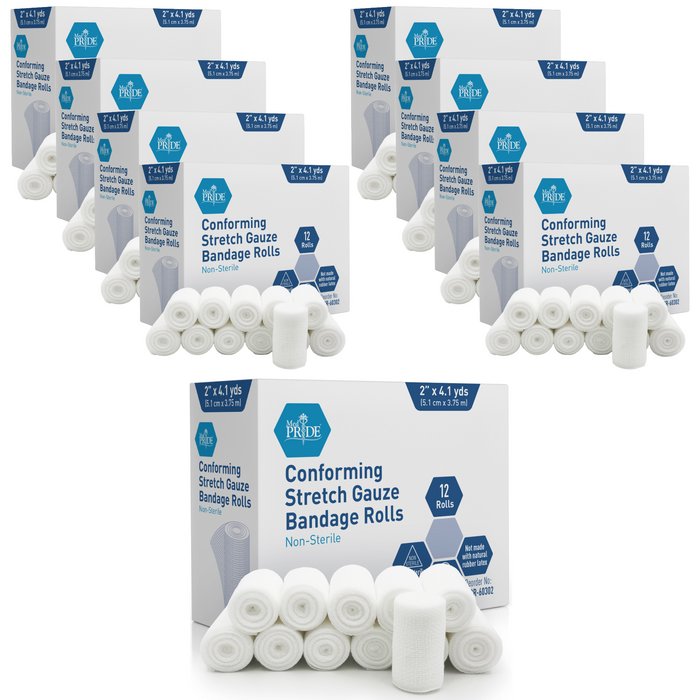 Multiple boxes and rolls of conforming stretch gauze bandage rolls on a white background