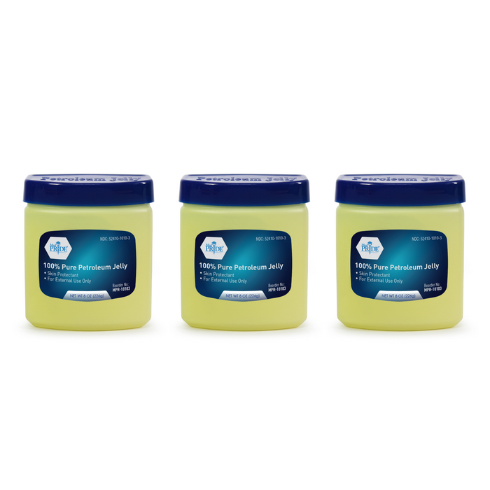Three jars of Pure Petroleum Jelly with blue lids on a white background