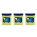 Three jars of Pure Petroleum Jelly with blue lids on a white background