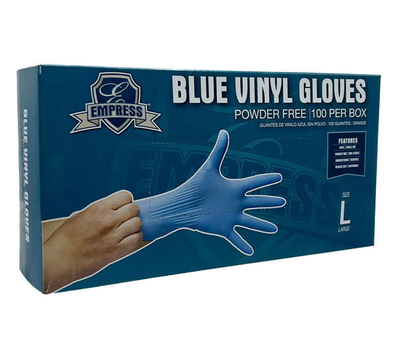 Box of blue vinyl gloves with Empress branding on a white background