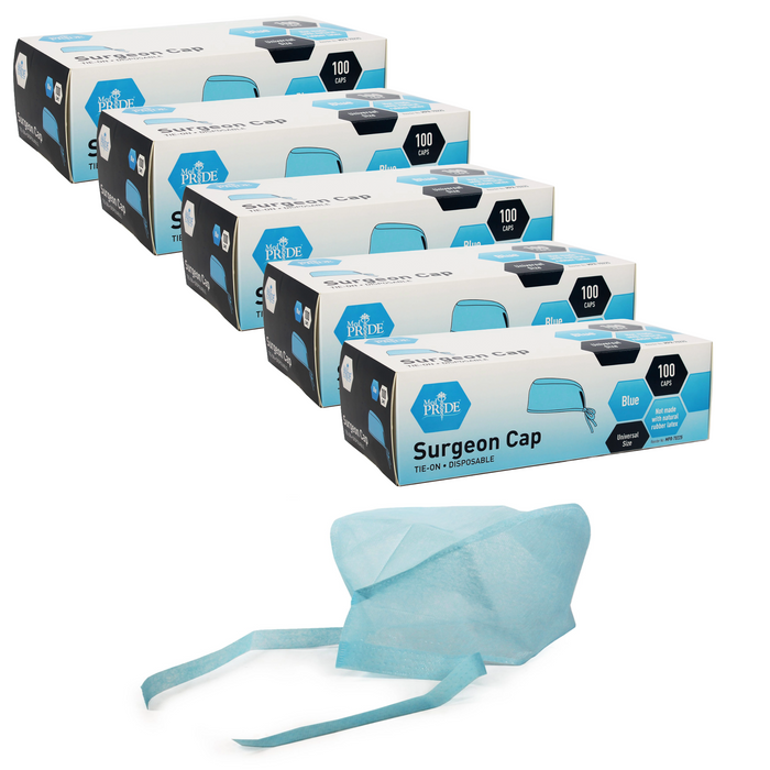 Multiple boxes of Pride Surgeon Caps with a single cap displayed in front on a white background.