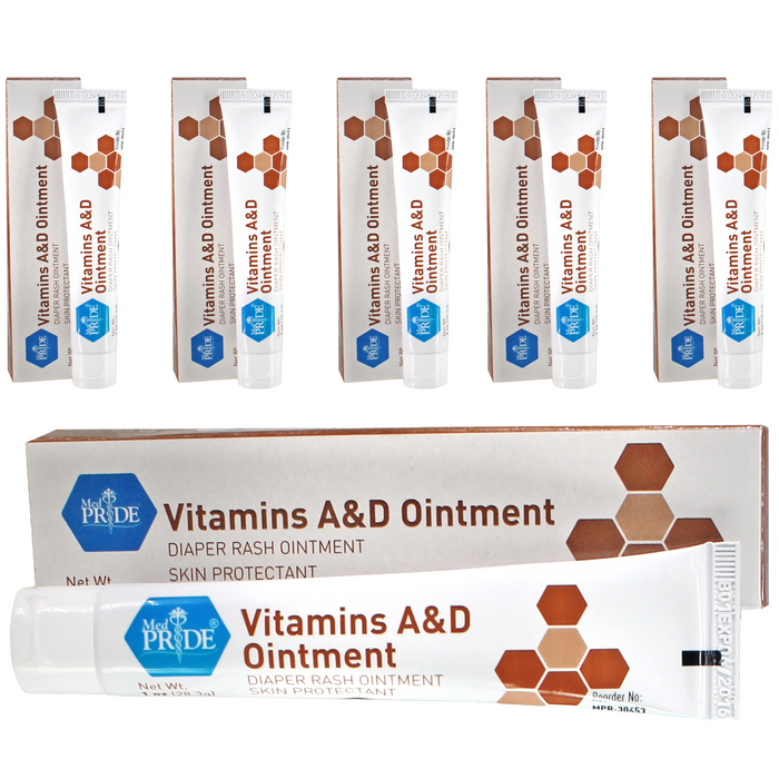 Multiple boxes and tubes of Vitamins A&D Ointment on a white background