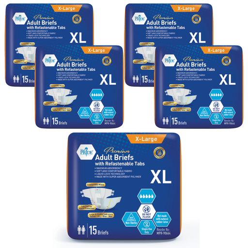 Multiple packages of X-Large adult briefs with refastenable tabs on a white background